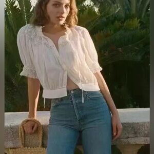 Doen Agatha White Puff Sleeve Smocked Blouse White Cropped Lace M